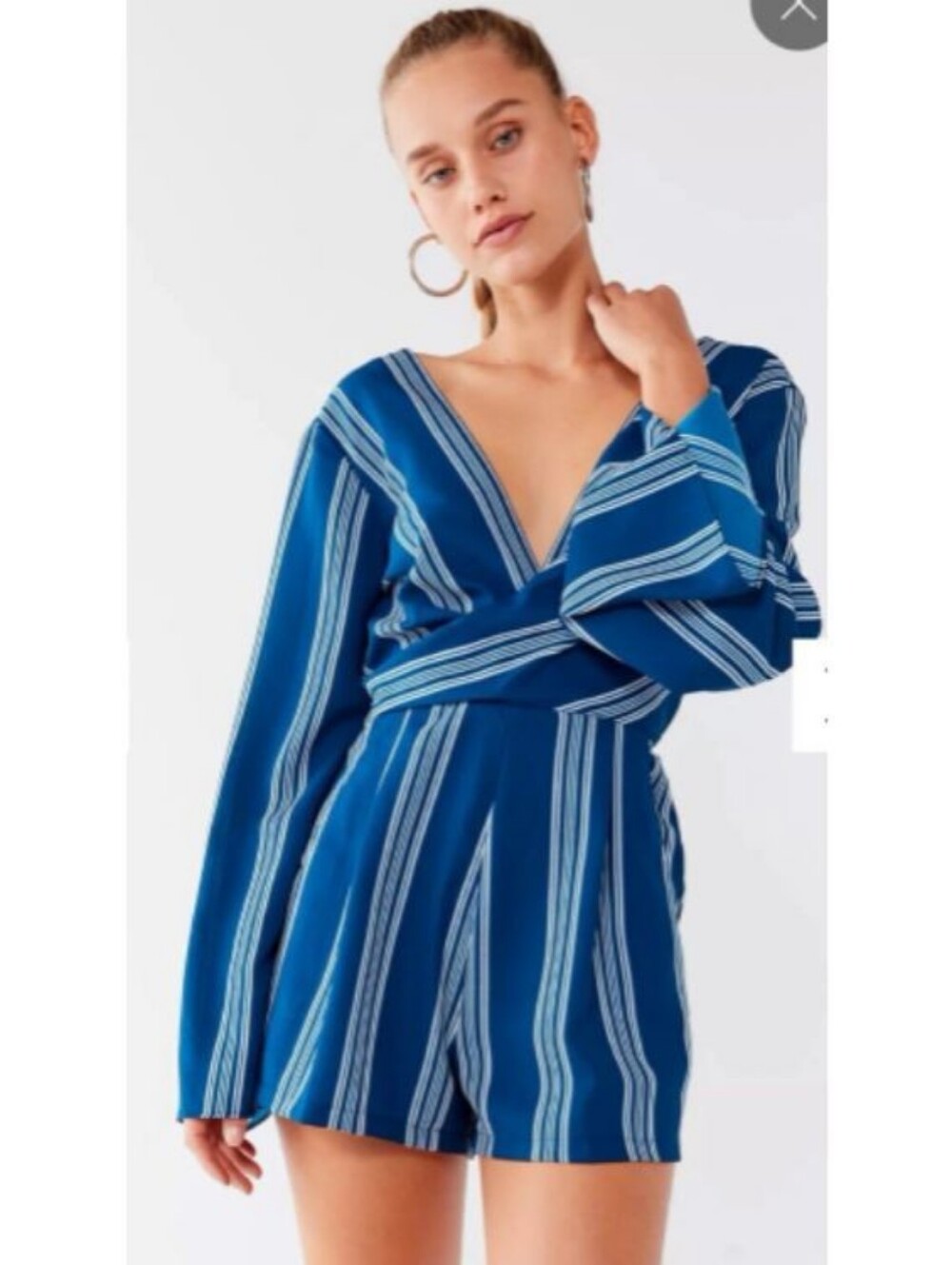 Urban Outfitters Blue And White Stripes Long Sleeve Shorts Romper with Pockets